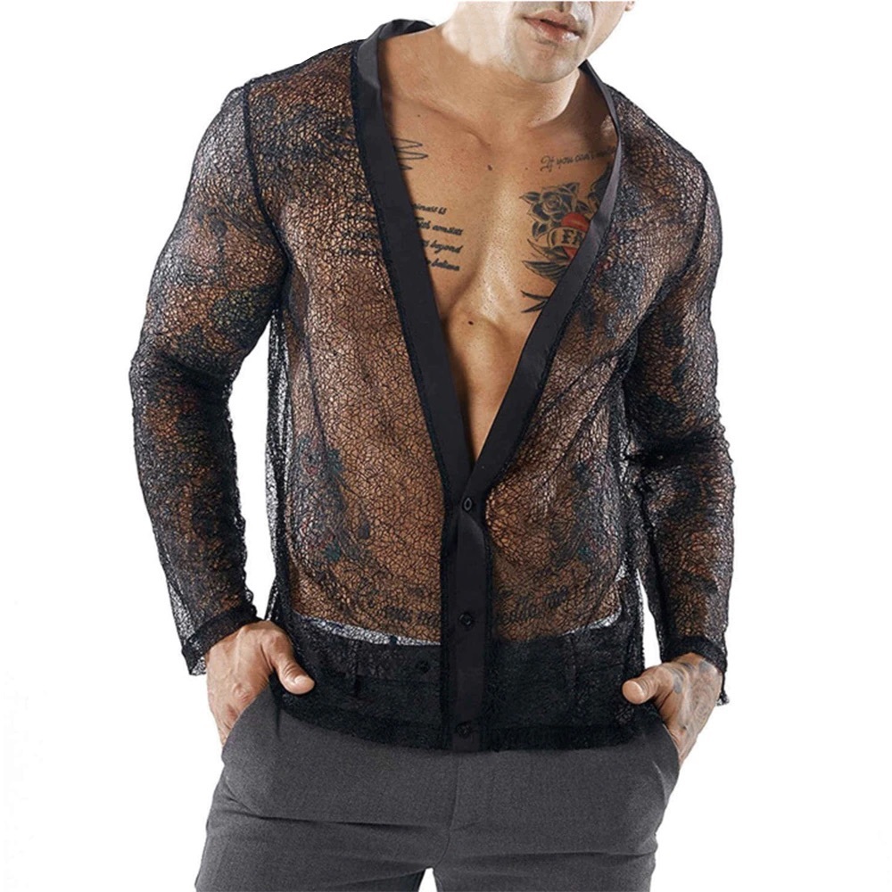 Mens Long Sleeve See Through Mesh Sheer Shirt Party Clubwear Mens Sexy Shirt